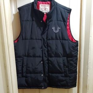 True Religion Men's Black and Red Puffer Vest